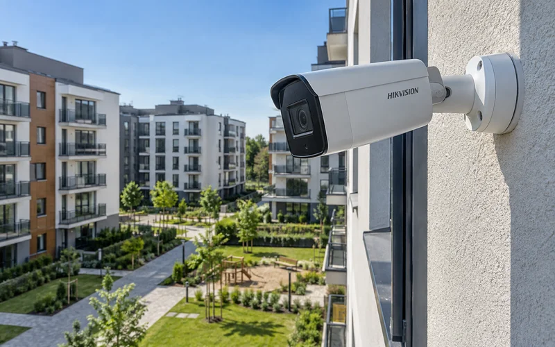 Камера Hikvision на стене многоэтажки
